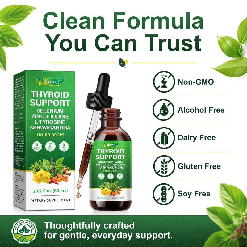 Thyroid Support Liquid Drops 60ml – Selenium, Zinc, Iodine, L-Tyrosine & Ashwagandha for Hormonal Balance, Metabolism & Thyroid Health Support