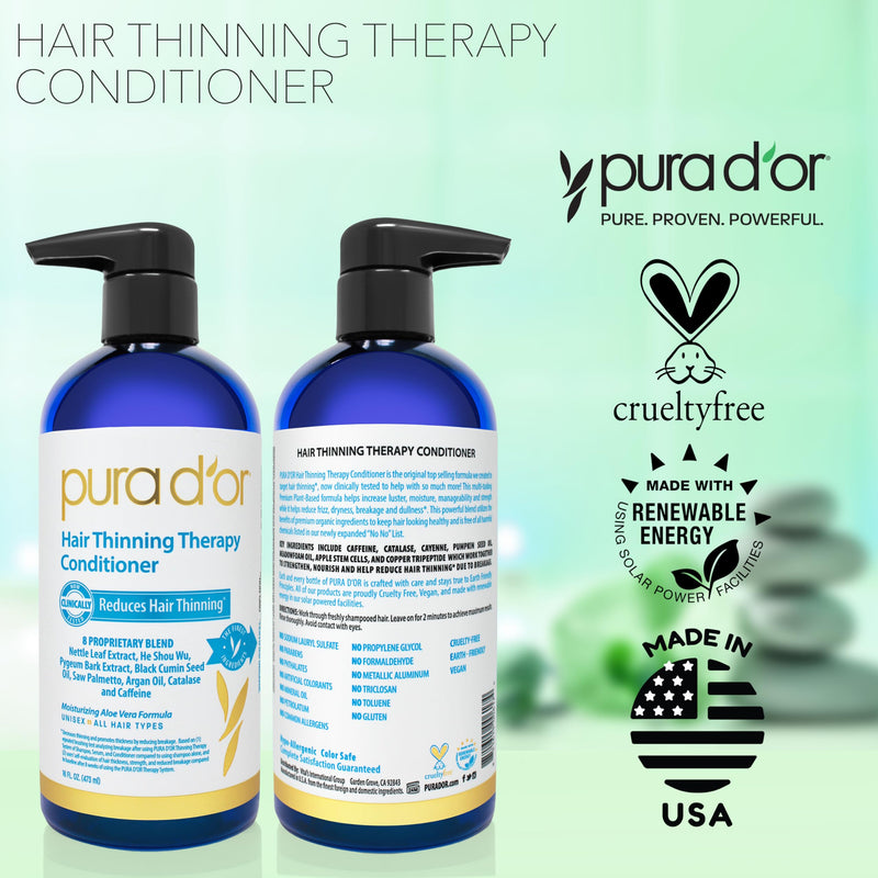PURA D'OR 16 Oz Hair Thinning Therapy Biotin Conditioner, CLINICALLY TESTED Effective Results, Low Lather Deep Moisturizing Herbal Blend Hair Thickening Products For Women & Men, Color Safe