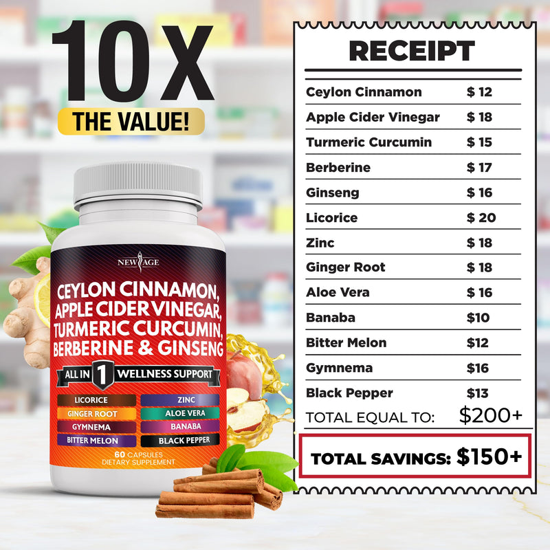 [Australia] - Ceylon Cinnamon 3000mg Turmeric 3000mg Apple Cider Vinegar 3000mg Ginseng 2000mg Aloe Vera 2000mg Berberine 1200mg Plus Banaba, Ginger Root - 120 Count 120 Capsules (Pack of 2) 