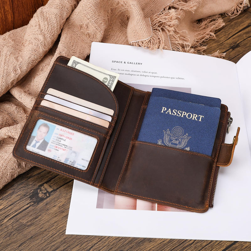 Polare Leather Passport Holder RFID Blocking Travel Bifold Wallet | Snap Closure, Full Grain Cowhide Leather, Fits 2 Passports, Slim Wallet, Travel Essentials, Zip Coin Pocket, Dark Brown Dark Brown with Zipper Pocket