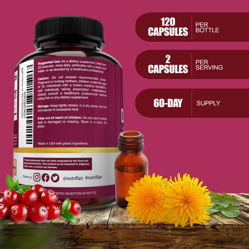 [Australia] - NutriFlair D-Mannose 1500mg, 120 Capsules - with Cranberry and Dandelion Extract - Natural Urinary Tract Health UTI Support - Best D Mannose Powder - Flush Impurities, Detox Body, for Women and Men 