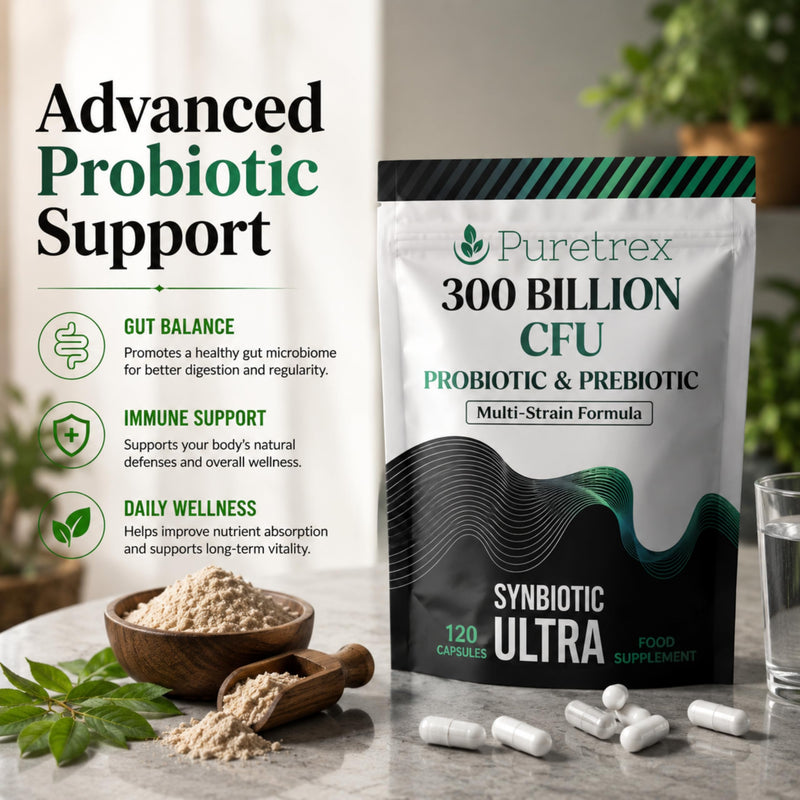 Puretrex Probiotics for Women & Men 300 Billion CFU, UK Made, Vegan Gut Health Synbiotic Formula with Digestive Enzymes & BioPerine, Probiotics and Prebiotics, 7 Strains, 120 Capsules, 60 Day Supply