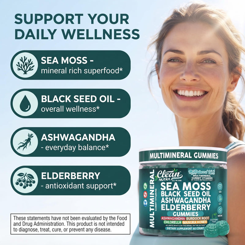 Sea Moss Gummies | Clinically Tested - Black Seed Oil Ashwagandha Elderberry Burdock Root Chlorella Manuka Honey - Vegan Irish Sea Moss Gummy Vitamins for Adults Kids Men Women - Green Apple Flavor 1
