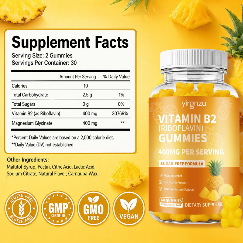 Vitamin B2 Gummies, Riboflavin 400mg Supplement | Riboflavin with Magnesium for Adults, B2 Gummies for Migraine Relief* & Nervous System Support*, Vegan - 60 Counts 60 Count (Pack of 1)