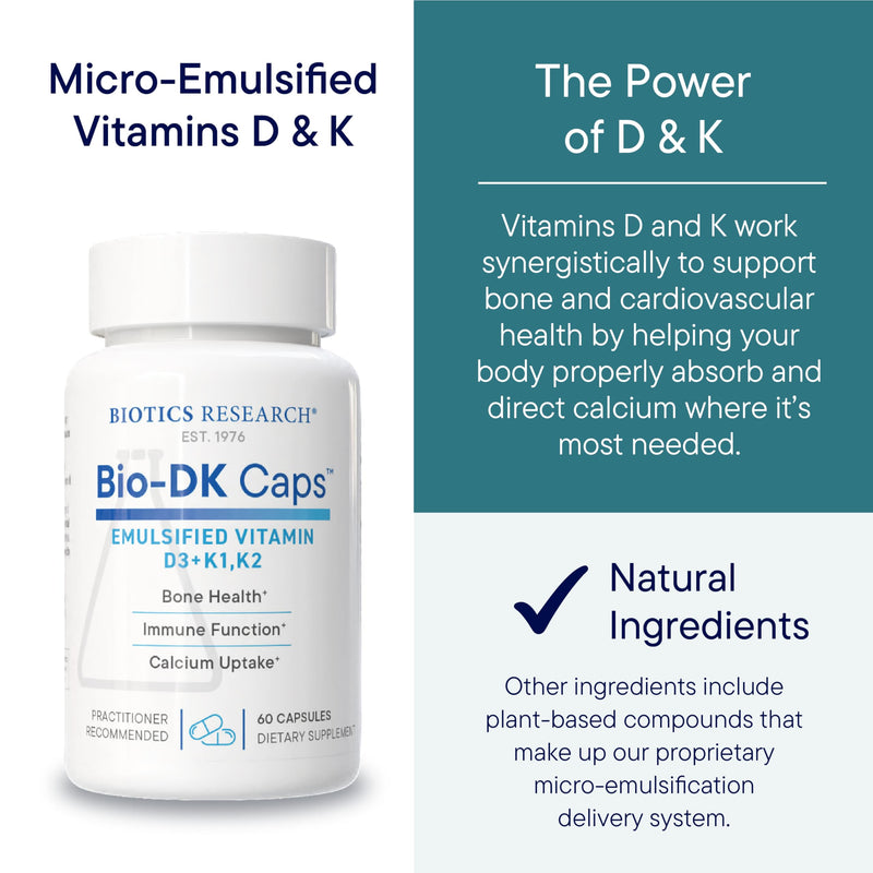 BIOTICS RESEARCH Bio-DK Caps™–Emulsified Vitamin D and K, Vitamin D3 125 mcg & Vitamin K (k1,k2) 550 mcg- MK7– Vitamin D3 K2 K1, Stronger Bones, Musculoskeletal Strength, Healthy Heart & BMI 60 Caps