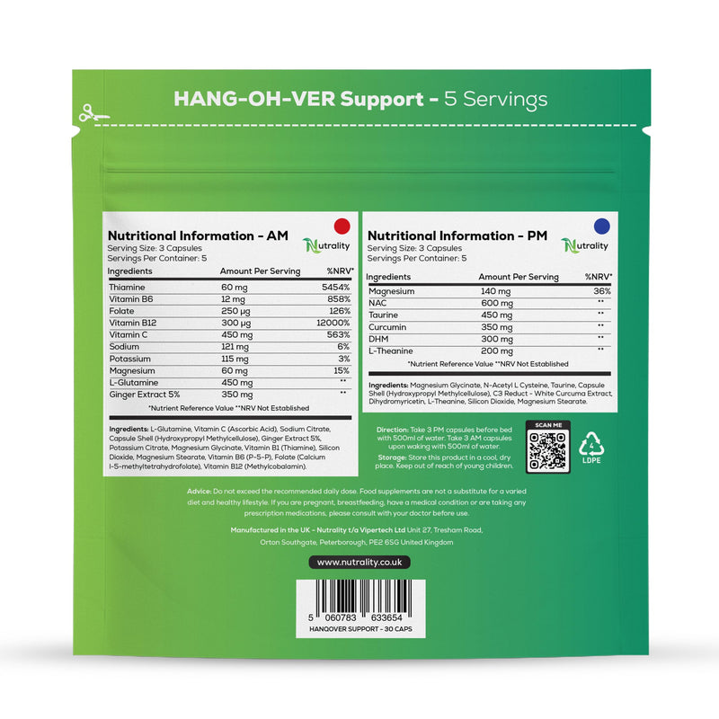 Hang-Oh-Ver Support Dual Relief | 30 Capsules | Hangover Support Supplement DHM, Vitamin B12 & Vitamin C - Drinking Recovery Support Mood, Sleep, Energy & Muscle Function