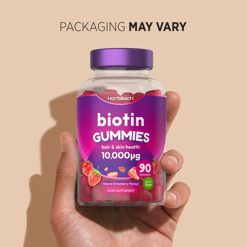 Biotin Hair Growth Gummies 10,000mcg | 90 Count | High Strength Biotin (Vitamin B7) for Hair and Skin Health | Natural Strawberry Flavour | Vegan Supplement | By Horbaach
