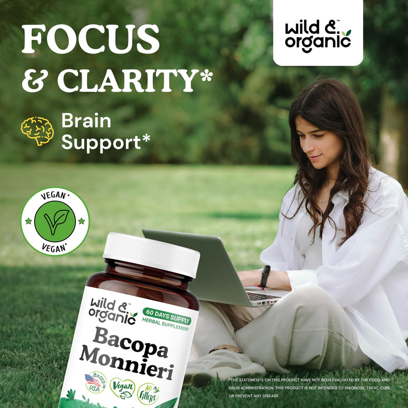 [Australia] - Wild & Organic Bacopa Capsules 600 mg - Brain Support - Natural Bacopa Monnieri Supplement - Brahmi Capsules - 60 Days of Supply - Vegan, No Fillers, Non-GMO - 60 Count 