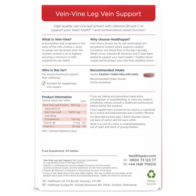 Healthspan Vein Vine Leg Vein Support 360mg (180 Tablets) | for Tired & Heavy Legs | Maintains Healthy Leg-Vein Functions | Red Vine Leaf Extract | Added Vitamins B1 & C | Vegan 90 count (Pack of 2)
