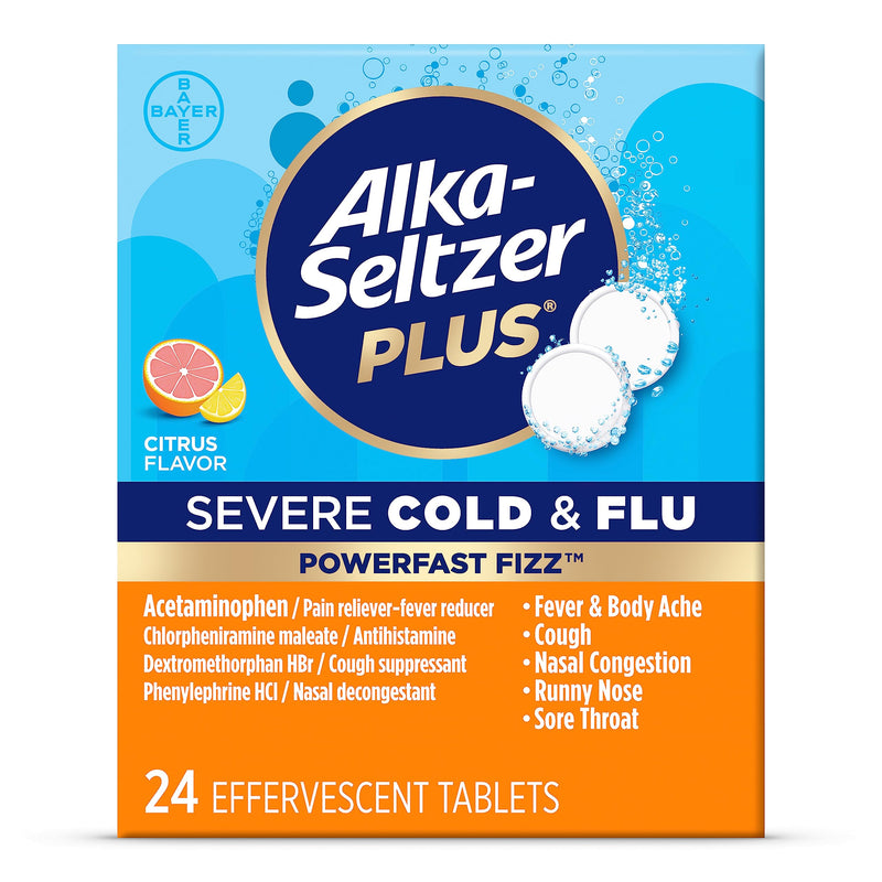 [Australia] - Alka-Seltzer Plus Severe, Cold & Flu Medicine, Citrus Effervescent Tablets, Nasal & Sinus Congestion, Sneezing, Runny Nose, Cough, Sore Throat 24 Count, Packaging May Vary 24ct 
