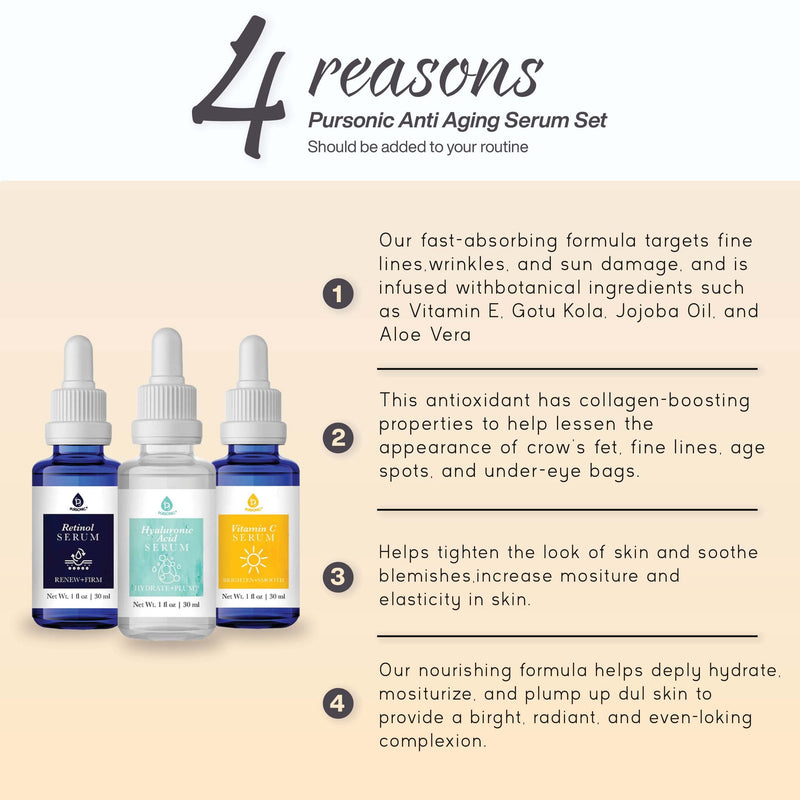 PURSONIC Anti Aging Skin Care Set of 3 - Hyaluronic Acid Serum, Retinol Serum & Vitamin C Face Serum for Women - Nourishing Hydrating Serum for Face, Smoothed Wrinkles, Dryness, Fine Lines Hyaluronic Acid, Retinol & Vitamin C Serum