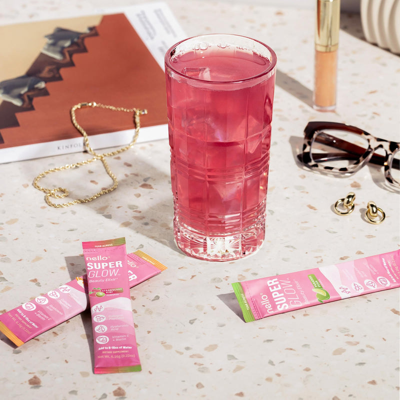 Nello Superglow Powdered Drink Mix, Skin Hydration, Glow & Hair Support, Collagen Peptides, Hyaluronic Acid, Ceramosides, Biotin & Vitamin C, 20 Stick Packs (Strawberry Kiwi) Strawberry Kiwi
