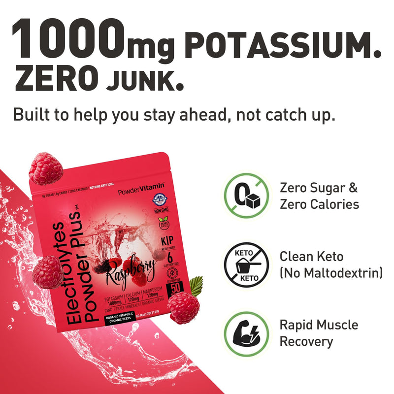 PowderVitamin Electrolytes Powder Plus - 50 Servings - Raspberry Flavor | Sugar-Free Hydration Powder, 1000mg Potassium, 120mg Magnesium, 120 mg Calcium, Himalayan Salt, Vitamin C & Zinc, USA Made 50 Servings (Pack of 1)
