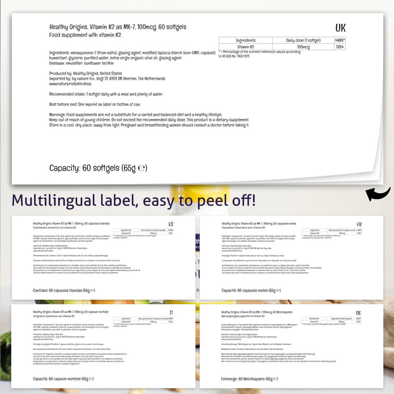 Healthy Origins, Vitamin K2 as MK-7, 100 mcg, 60 Vegetarian Softgels, High Strength, Gluten Free, SOYA Free, Non-GMO 60 Capsules