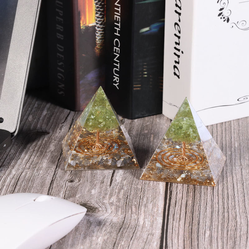 Peridot Crystal Stones Tree of Life Orgone Pyramid Positive Energy Protection Generator for Healing Chakra Resin Vastu Home Decor, Labradorite Gray