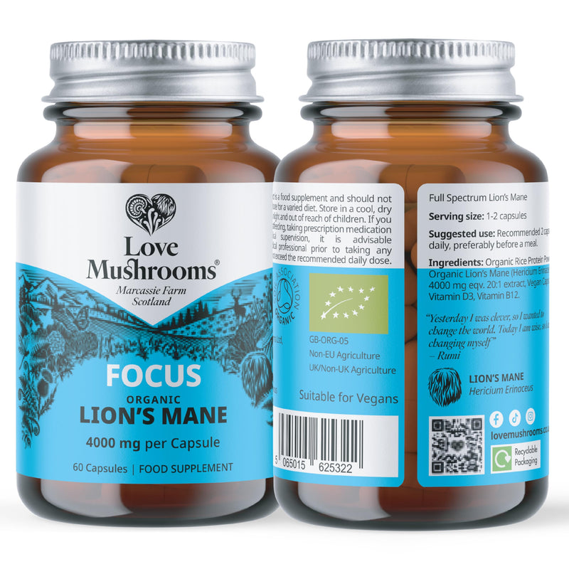 Organic Lion’s Mane Capsules 4,000mg per Serving | High Strength Mushroom Extract for Memory, Focus & Cognitive Support | Vegan, Plant Based Food Supplement, UK Made | 60 Capsules 60 count (Pack of 1)
