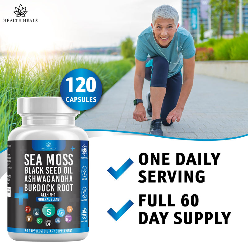 [Australia] - Sea Moss 3000 Black Seed Oil 2000 Ashwagandha 1000 Bladderwrack 1000 Burdock 1000-120 Count 60 Count (Pack of 2) 