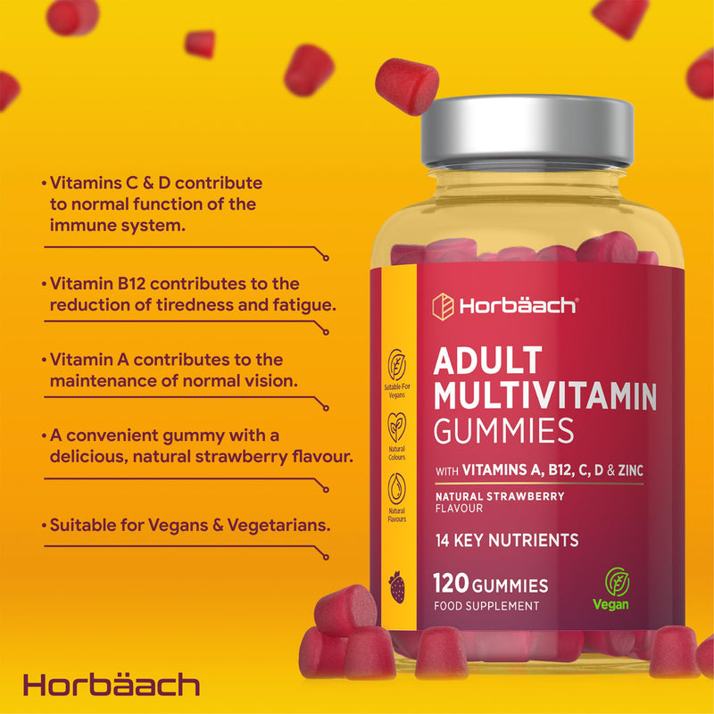 Multivitamin Gummies for Adults | 120 Count | Strawberry Flavoured | 14 Key A-Z Nutrients | with Vitamin A, B12, C, D, and Zinc | Vegan | By Horbaach