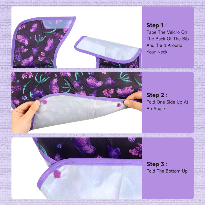[Australia] - Adult Bibs - 3 Pcs Washable Clothing Protector with Crumb Catcher, Reusable Waterproof Large Feeding Adult Bib Flowers 