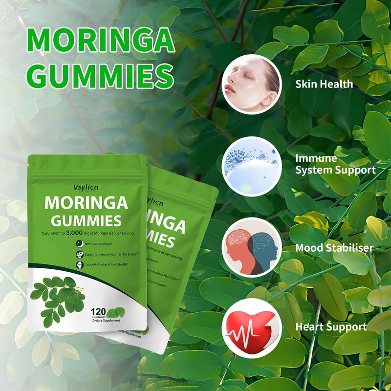 120 Moringa Gummies 3000mg | High Strength Moringa Leaf Extract | Antioxidant Supplement with Stevia | Immune Support, Energy, Hair, Skin & Joint Health | Cortisol Reducing Supplements
