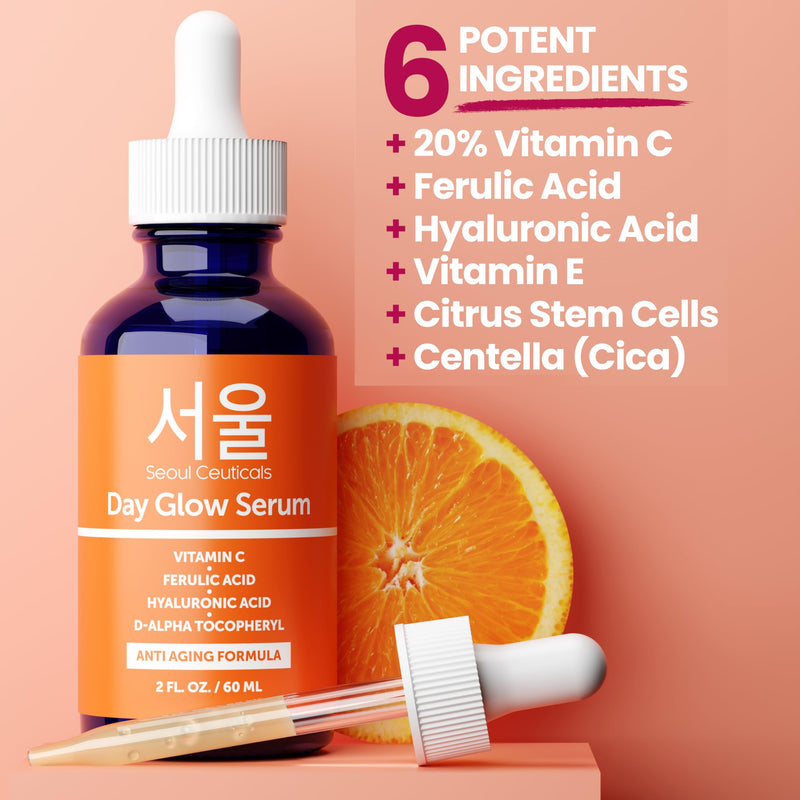 SeoulCeuticals Korean 20% Vitamin C Serum for Face + CE Ferulic 2oz Vit C | C E Ferulic, Hyaluronic Acid, Vitamin E, Vegan, Cruelty Free, Large C+E Skin Care Facial Glow Oil, K Beauty Skincare 2 Fl Oz (Pack of 1) Vitamin C Citrus