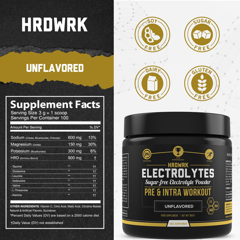 [Australia] - HRDWRK - Electrolytes Powder Keto Hydration Sugar Free with Magnesium, Potassium and Sodium - 100 Servings | Boost Endurance and Reduce Fatigue with This Electrolytes Supplement - Maximum Hydration Unflavored 100 Servings (Pack of 1) 