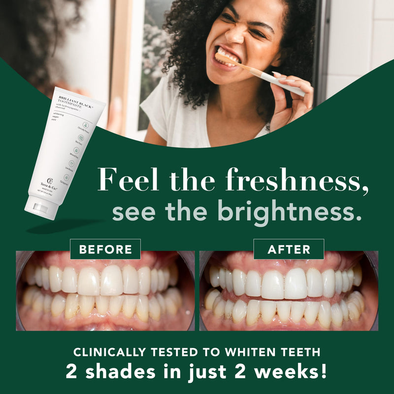 Terra & Co. Brilliant Black Hydroxyapatite Toothpaste for Whitening Teeth – USA-Made - Natural Remineralizing Toothpaste, Fluoride-Free, Vegan, SLS-Free, Low Abrasion – Mint, 3.4 oz Whitening - Mint 3.4 Ounce (Pack of 1)