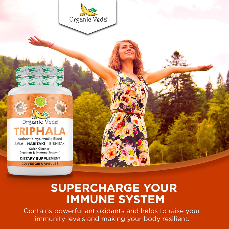 [Australia] - Organic Veda Triphala Powder 300 Capsules, 1000mg - Organic Triphala Supplement for Colon Cleanse, Immune, Gut & Digestion Health - Whole Green Antioxidants Amla, Haritaki & Bibhitaki - Vegan Pills 
