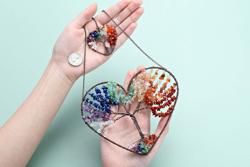 Jovivi Bundle - 2 Items Double Heart Tree of Life Hanging Ornament 7 Chakra Reiki Healing Crystals + 7 Chakra Healing Crystals Tree on Agate Slice Base