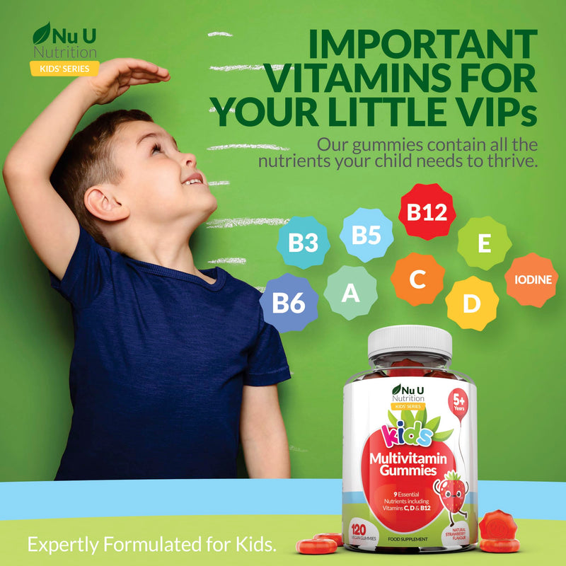 Nu U Nutrition - Multivitamin Gummies for Kids - 4 Month Suppply - 120 Vegan Berry Gummies - Strawberry Flavour - 9 Essential Vitamins Including Vitamin C, D & B12 - Made in the UK KIDS MULTIVITAMIN GUMMIES