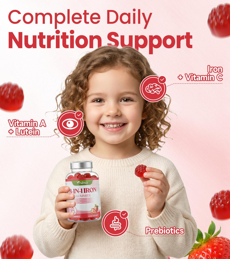 Iron Gummies for Kids & Teens, Kids Multivitamin with 20mg Iron Supplement, Vitamin A, C, B6 & Lutein – Sugar Free Multivitamin – Daily Nutrition & Eye Support, Strawberry Flavor, 60 Gummies 60 Count (Pack of 1)