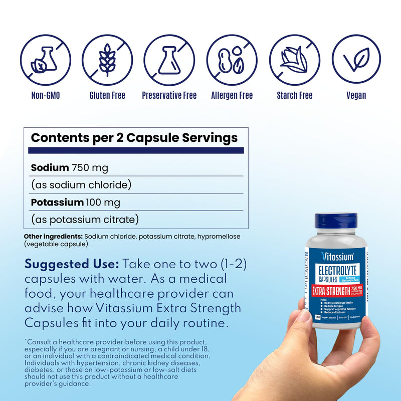 [Australia] - Vitassium Extra Strength Electrolyte Capsules, 750mg of Sodium for Dietary Management of POTS Syndrome Symptoms, Unflavored Salt Pills, 100 Capsules 