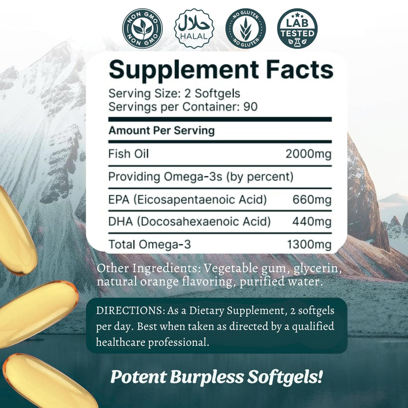 Omega 3 Fish Oil Capsules High Strength 2000mg - 180 Softgels Halal | No fishy aftertaste