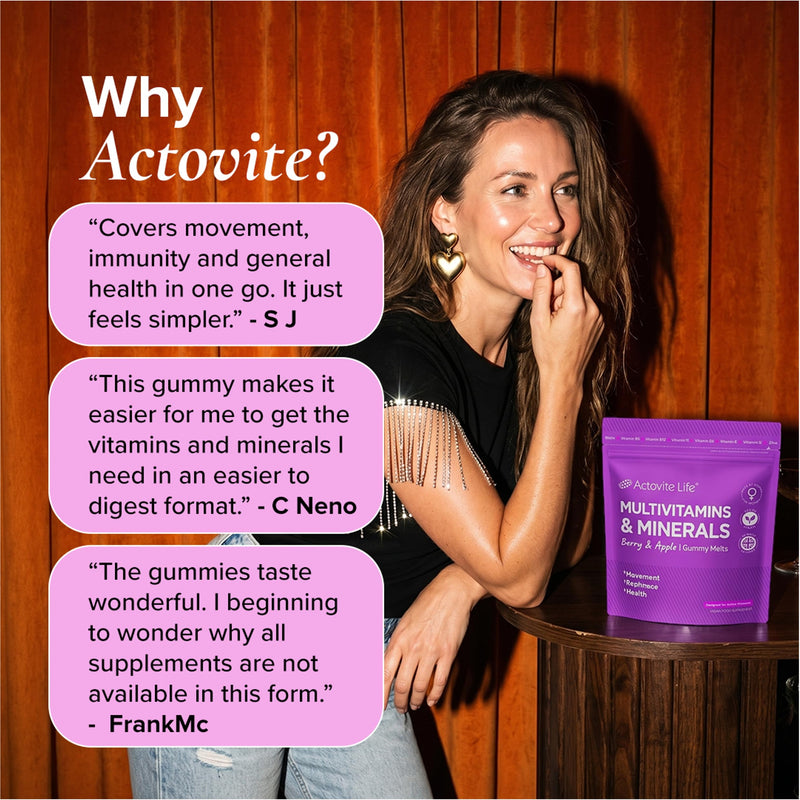 Actovite Multivitamin Gummies for Active Women | Movement + Immunity + Health | Targeted Blend: B-Complex Vitamin C/D/K Biotin Zinc | Multivitamins & Minerals | 60 x Vegan Berry & Apple Soft Gummies