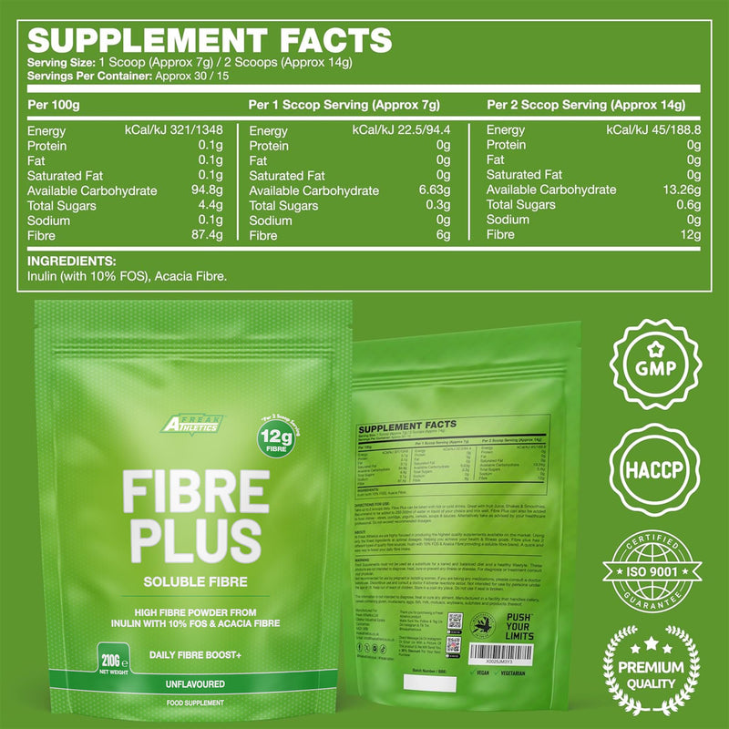 Soluble Fibre Powder Supplement 210g - Prebiotic Soluble Fibre Powder from Multiple Sources - 12g Fibre Per 2 Scoop Serving - Fibre Supplement for Men & Women UK Made