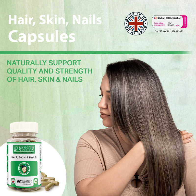 Strength & Spices Hair, Skin & Nails 100% Natural Supplement – 20 Ingredients w Biotin Selenium & Zinc - 60 Vegan UK Made 1000mg Capsules – Hair & Nails Growth, Collagen Formation