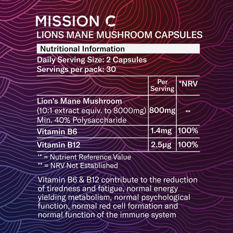 Lions Mane Mushroom Capsules 8,000mg with Added Vitamin B6 and B12 | Nootropic Supplement for Cognition, Mood, Immunity & Inflammation | 60 Two-a-Day Vegan Capsules - Mission C Lion's Mane
