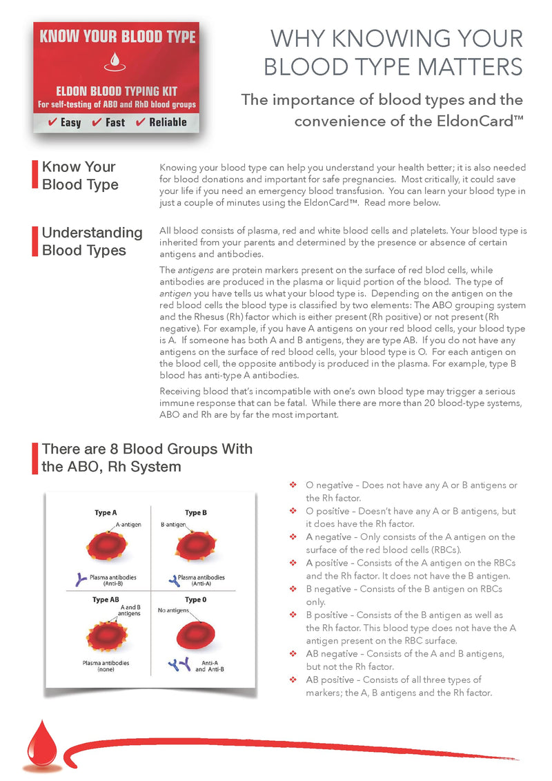 Eldoncard INC Blood Type Test, 1 Pack | Complete Kit, A, B, O, AB & RH Results, Results in Minutes, Includes Safety Lancet, Micropipette, Cleansing Swab