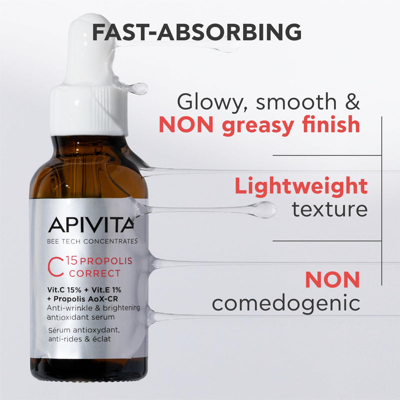 Apivita C15 Propolis Correct Serum, Anti-wrinkle & Brightening Antioxidant Serum with 15% Pure Stabilized Vitamin C, 1% Vitamin E, Patented Propolis AoX-CR, Non comedogenic | Brightening formula, 15% Vitamin C, 1% Vitamin E, Patented Propolis AoX-CR