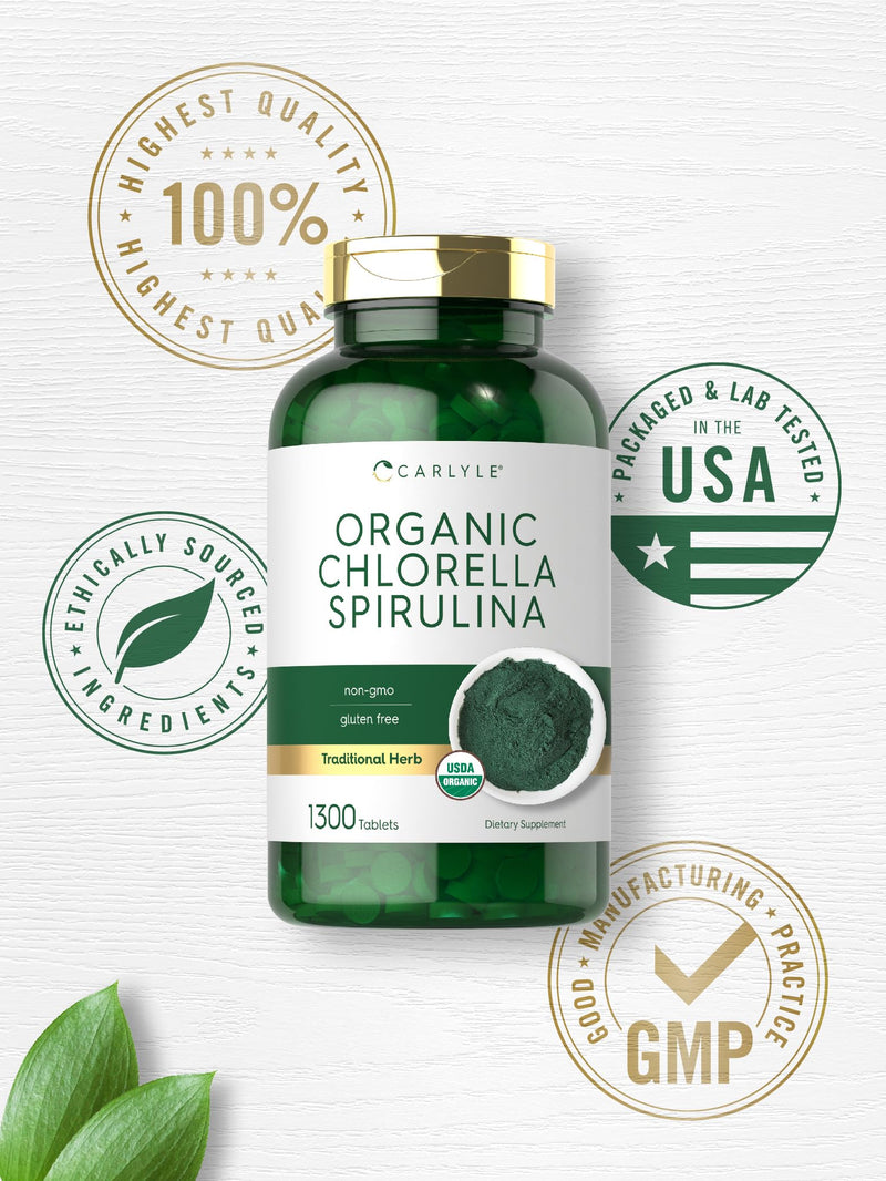 Carlyle Organic Chlorella Spirulina Tablets | 1300 Count | 50/50 Blend | Non-GMO and Gluten Free