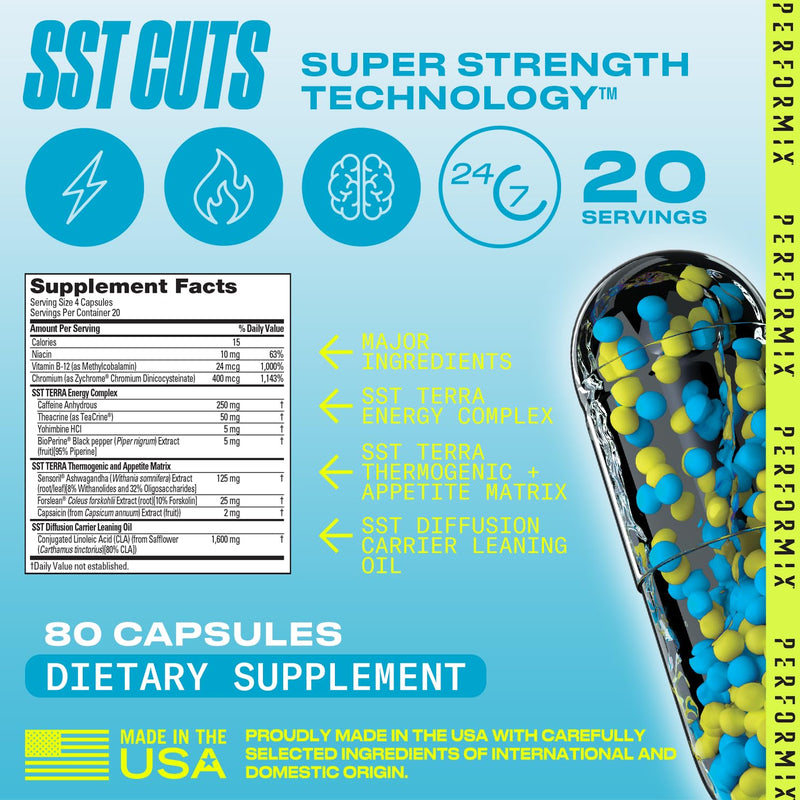 [Australia] - PERFORMIX - SST Cuts - Thermogenic with CLA - Energy, Focus & Mood - Metabolism Support - Appetite Control - Nootropic - Caffeine, Zychrome & Teacrine - Pre Workout - Men & Women - 80 Servings 