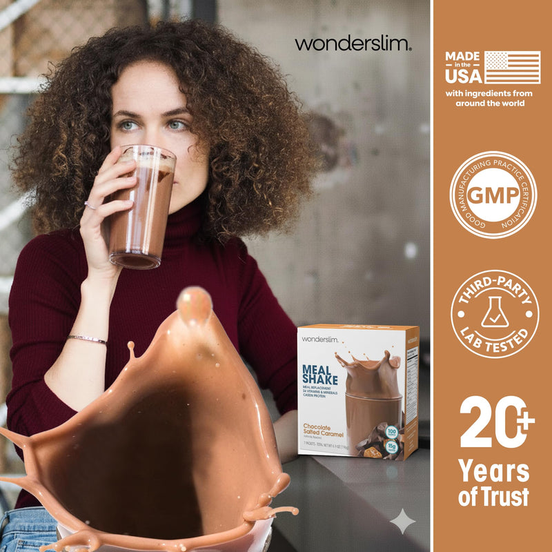 WonderSlim Protein Meal Replacement Shake – 15g Protein, 24 Vitamins & Minerals, Low Carb, Low Calorie, Gluten Free – Meal Replacement Drink for Weight Management, 7 Count Packets (Chocolate Salted Caramel) Chocolate Salted Caramel
