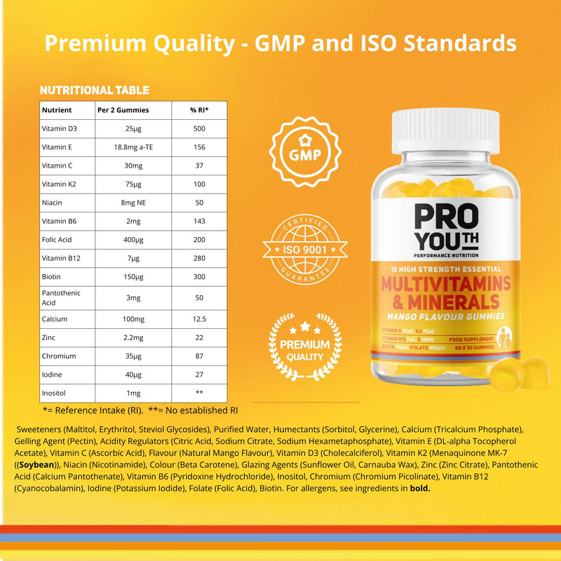 Nutrition Multivitamin & Mineral Gummies for Adults & Children | Mango Flavour | Vegan, Sugar-Free | 15 Essential Vitamins & Minerals incl Vitamins D3, E, C, K2, B5, B6, B7, B9, B12, Calcium