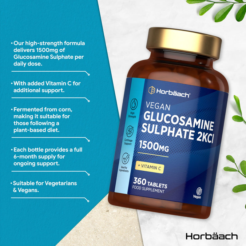 Glucosamine Sulphate 2KCl 1500mg | with 24mg Vitamin C | 360 Vegan Tablets | High Strength Glucosamine 2KCl Supplement | by Horbaach