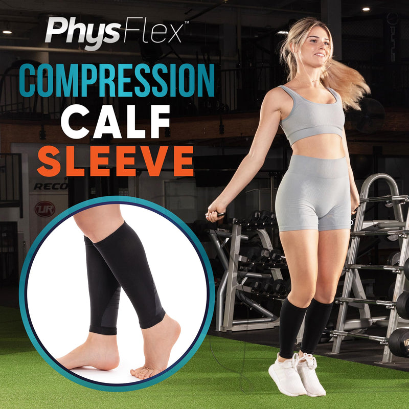 [Australia] - Calf Compression Sleeves for Men and Women - (1 Pair) Footless Compression Socks Support for Varicose Vein, Nursing, Pregnancy, Running - PhysFlex Leg Sleeve Brace for Shin Splints, Pain Relief and Reduces Swelling (Black, Medium) Black 