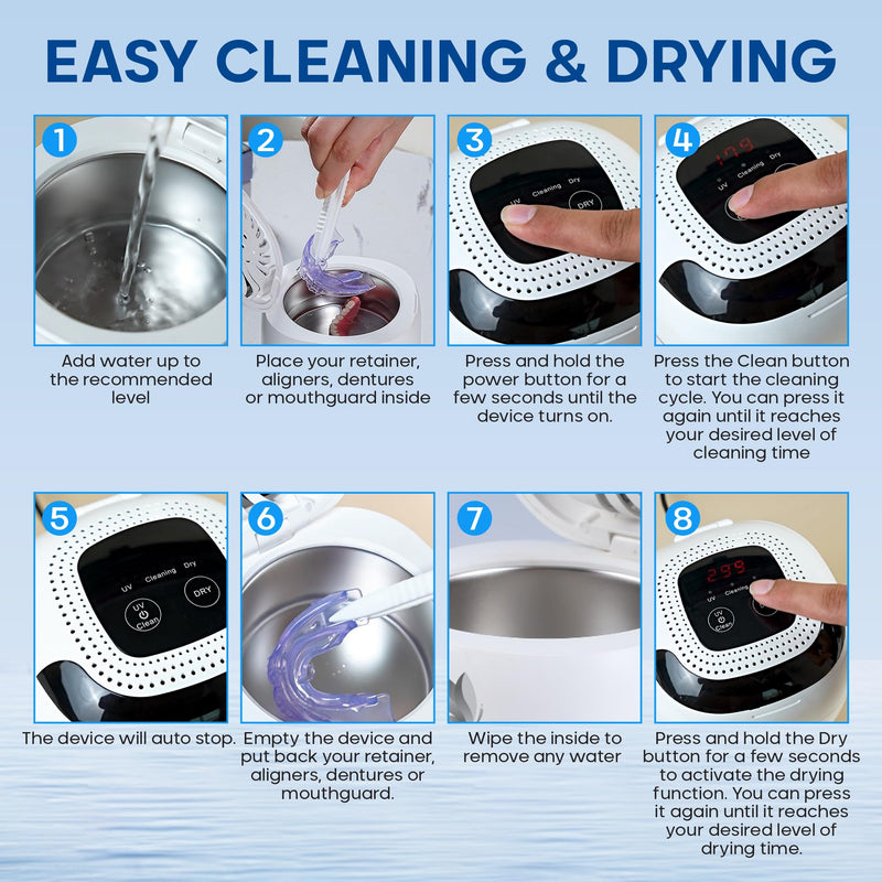 [Australia] - Ultrasonic Retainer Cleaner with Dryer Fan, 45kHz, 3 Cleaning & Drying Modes, 180ml Capacity – Ideal for Retainers, Aligners, Night Guards, Braces, Toothbrushes, & Jewelry (White) White 