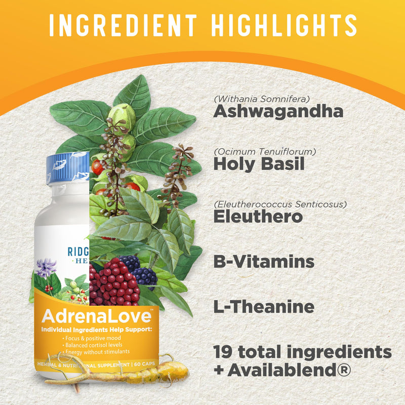 [Australia] - RidgeCrest Herbals Adrenal Fatigue Fighter (New Name Soon: AdrenaLove), Supplement with Ashwagandha, L-Theanine, Ginseng, Schisandra, Taurine, Holy Basil, Adaptogens, B Vitamins (60 Caps, 30 Serv) 