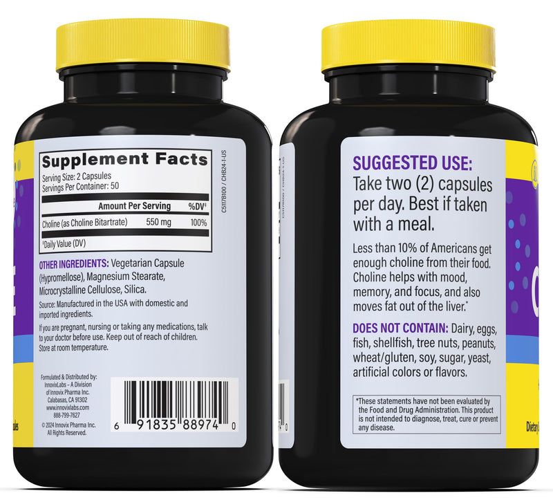 [Australia] - InnovixLabs Choline Supplement 550mg Pure Choline Bitartrate for Brain Health, Focus, Memory, Cognitive Development, Fatty Liver and Mood Support for Women and Men, 100 Capsules 