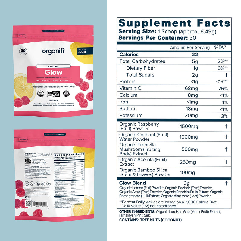 Organifi Glow - Vegan Collagen Powder for Women - Organic Flavored Water Ingredient, 30 Servings