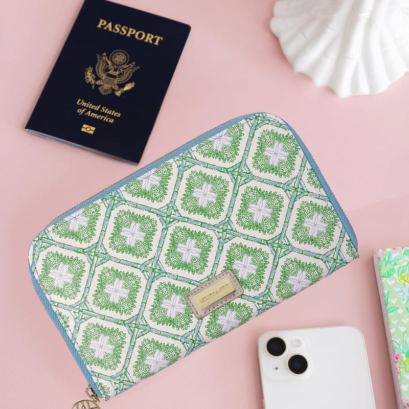 Lilly Pulitzer Leatherette Travel Wallet for Women, Passport Holder with ID Window, Card Slots and Interior Pockets (Bamboo Logo Trellis)
